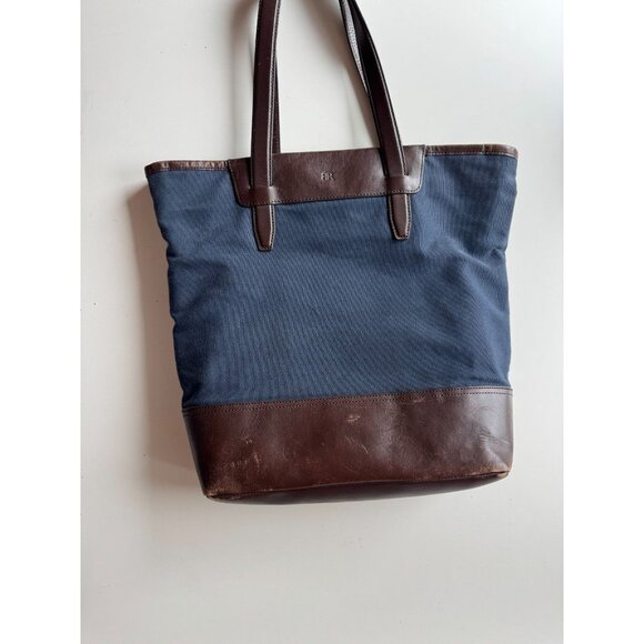 BANANA REPUBLIC Navy Cotton Canvas Brown Leather Trim Tote Bag Purse - Picture 2 of 12